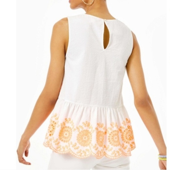 LILLY PULITZER Lilliana Embroidered Seersucker Peplum Top White Cantaloupe (12) - Picture 3 of 8